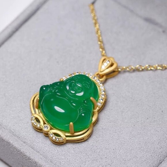 HAPPY BUDDHA PENDANT NECKLACE-925 Silver-Hotei-Green-Gold-Jewelry-Fast Shipping - Picture 7 of 11